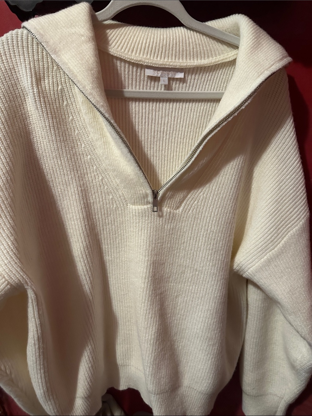 Olivaceous Cream Ribbed Half-Zip Turtleneck Sweater